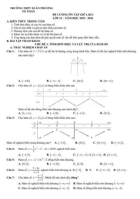 Đề cương ôn tập Giữa kì 1 Toán 12 trường THPT Xuân Phương (Hà Nội) năm 2025–2026